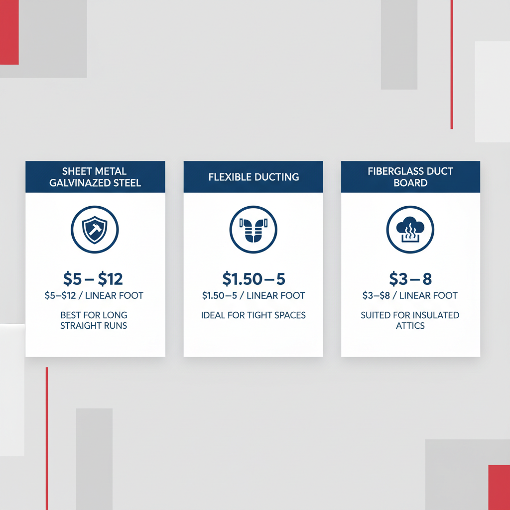 Infographic overview of HVAC duct materials including sheet metal, flexible ducting, and fiberglass duct board with costs, durability, and uses for Toronto homes.