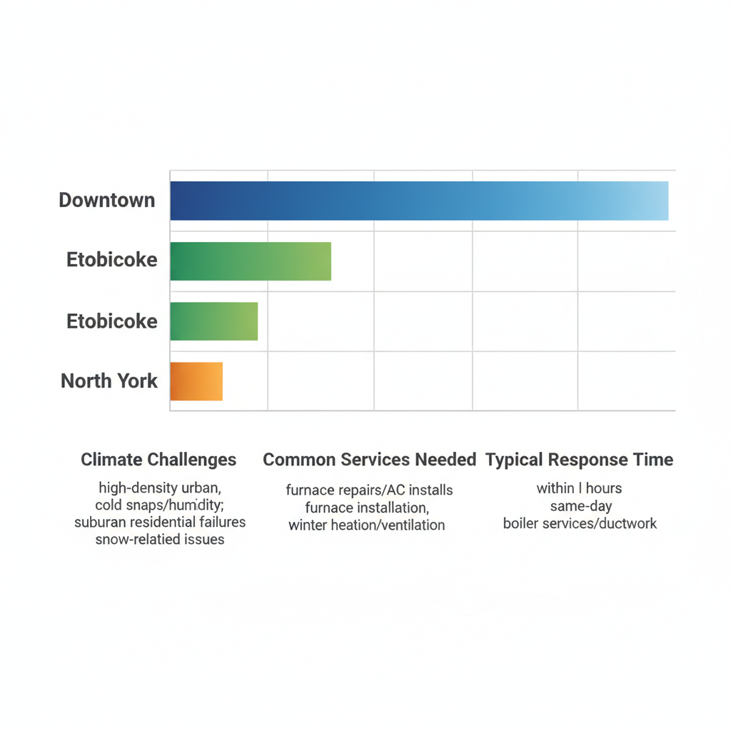 Horizontal bar chart comparing HVAC service needs and response times in GTA areas: Downtown Toronto, Etobicoke, North York.