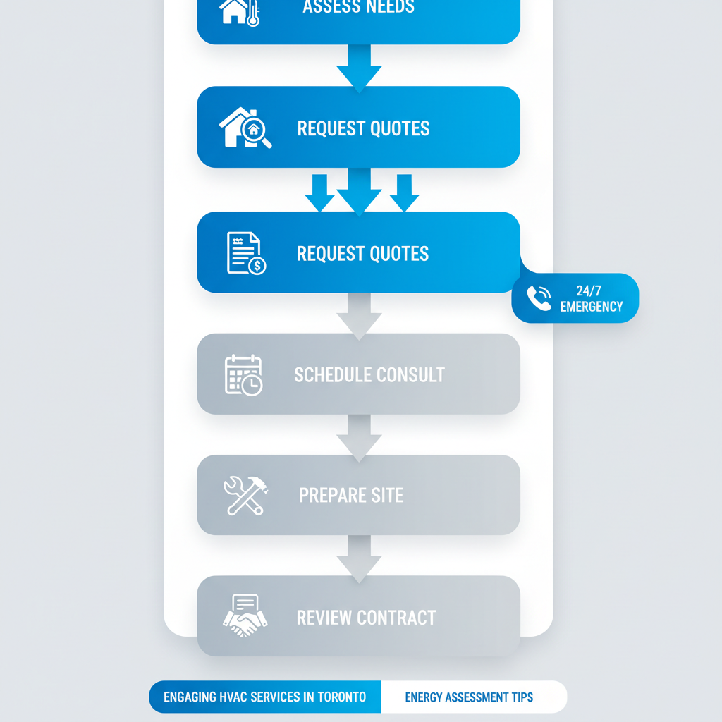 Vertical process flow diagram illustrating five steps to engage HVAC services in Toronto, including an emergency branch.