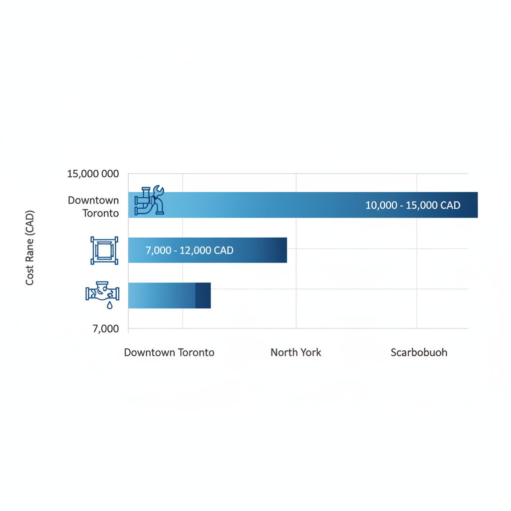 Horizontal bar chart comparing HVAC ductwork installation cost ranges in three GTA neighborhoods: Downtown Toronto $4,000-$8,000, North York $3,000-$6,000, Scarborough $2,500-$5,500