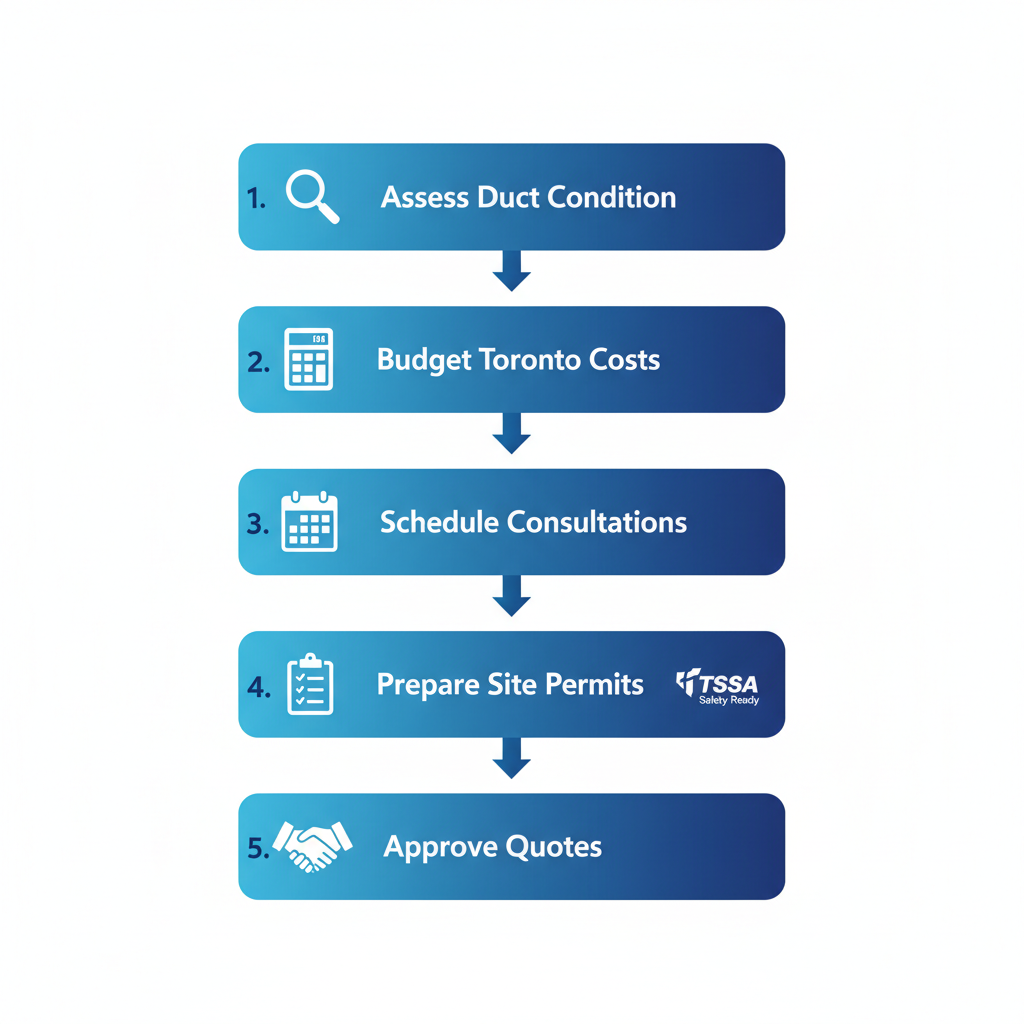 Vertical process flow diagram illustrating five key steps to start HVAC ductwork installation in Toronto with icons and labels.