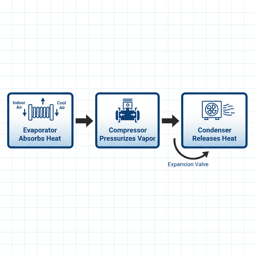Horizontal process flow diagram of AC cooling cycle with three stages: evaporation, compression, and condensation, including icons and arrows.