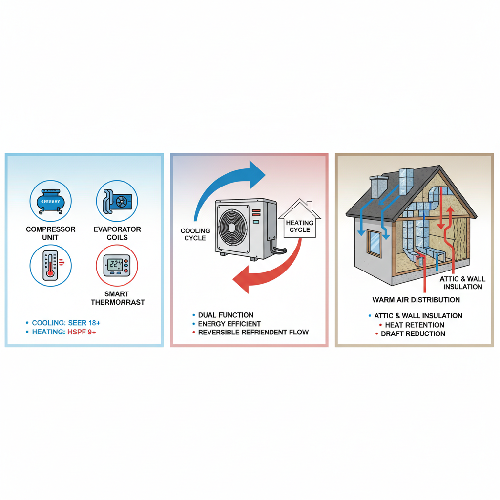 Infographic illustrating key components of AC heating and cooling systems for Toronto homes, including heat pumps and efficiency ratings
