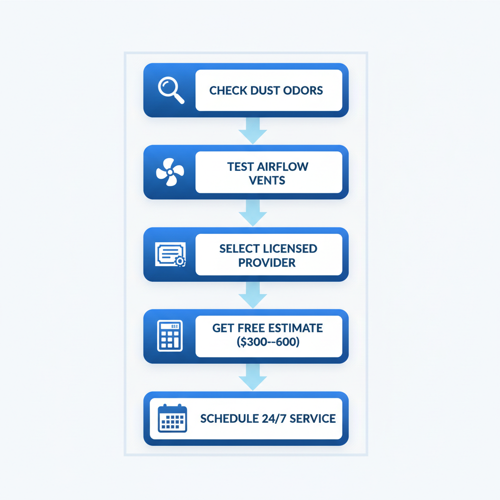 Vertical process flow diagram showing five steps for assessing and scheduling duct cleaning: checking dust and odors, testing airflow, selecting a provider, getting an estimate, and scheduling service.