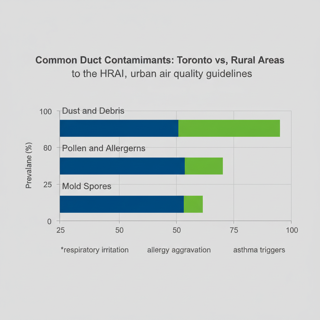Horizontal bar chart comparing duct contaminants levels in Toronto urban areas versus rural, highlighting higher prevalence in city for dust, pollen, and mold with health impact notes