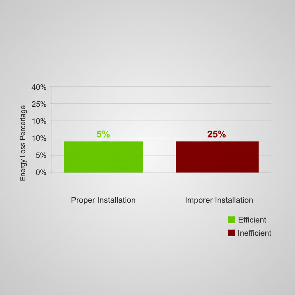 Bar chart comparing energy loss percentages for proper and improper HVAC duct installations, showing 5% for proper and 25% for improper.