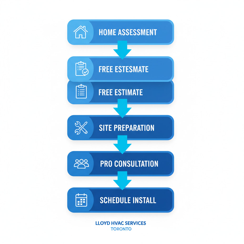 Vertical process flow diagram showing five steps for HVAC duct installation: home assessment, request estimate, prepare site, consultation, and scheduling.
