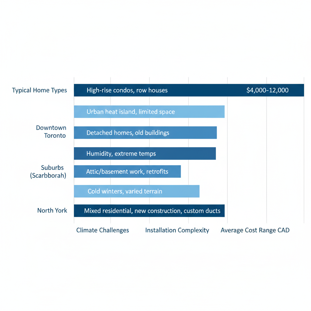 Horizontal bar chart comparing HVAC duct installation factors across Greater Toronto Area regions including home types, climate challenges, complexity, and costs.