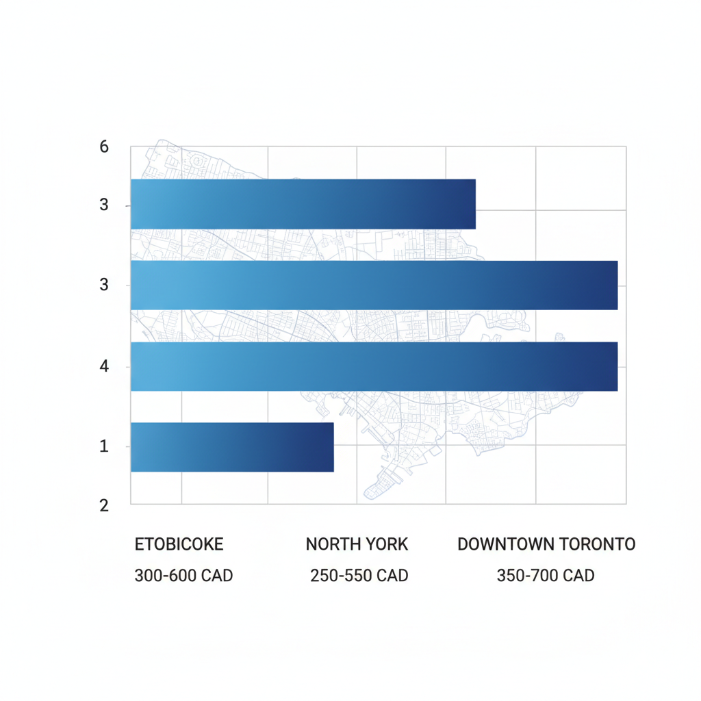 Horizontal bar chart showing recommended duct cleaning frequencies and cost ranges for Etobicoke, North York, and Downtown Toronto in the GTA, emphasizing air quality maintenance.