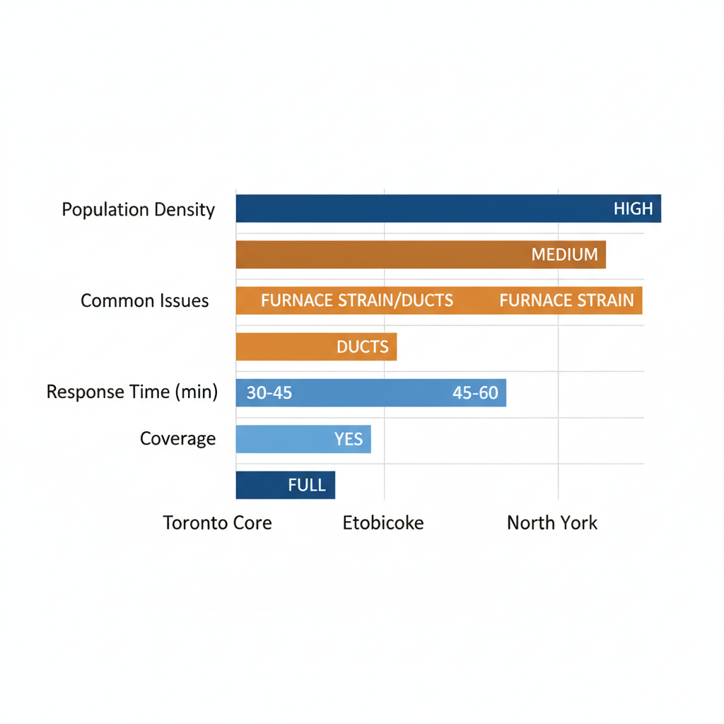 Horizontal bar chart comparing HVAC service factors across Toronto Core, Etobicoke, and North York in the GTA, showing population density, common issues, response times, and coverage.