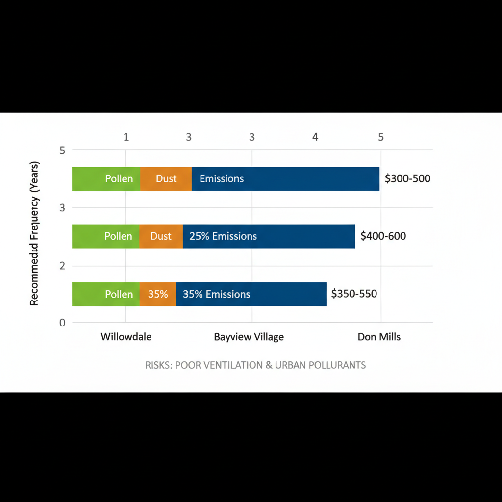 Horizontal bar chart comparing duct cleaning frequencies and costs in North York neighborhoods by pollutant types