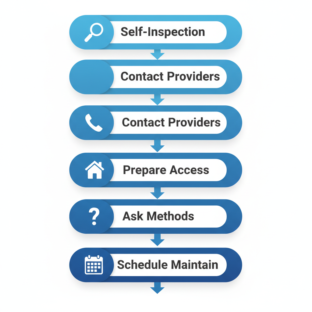 Vertical process flow diagram illustrating five steps to start duct cleaning: self-inspection with magnifying glass, contact providers with phone, prepare vent access with house, ask about methods with question mark, and schedule maintenance with calendar.