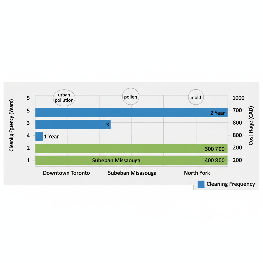 Bar chart comparing duct cleaning frequency and costs across GTA areas with contaminant labels