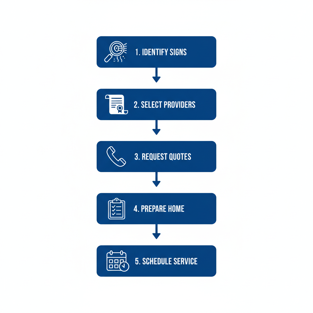 Vertical process flow diagram illustrating five key steps for duct cleaning in Toronto: identify signs, select certified providers, request quotes, prepare home, and schedule service.
