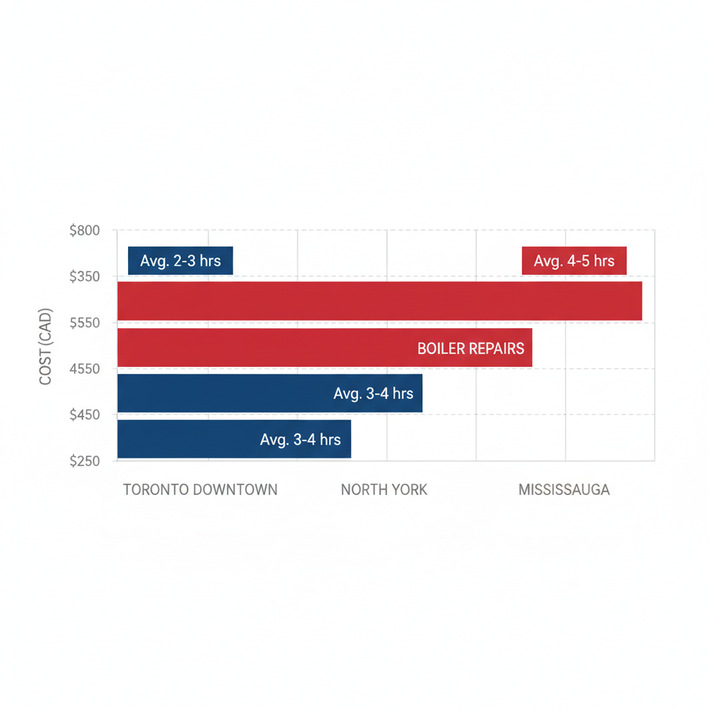 Bar chart comparing average heating repair costs for furnaces and boilers across GTA areas including Toronto Downtown, North York, and Mississauga.