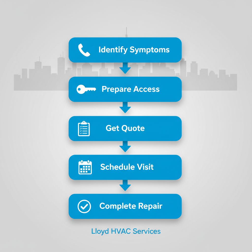 Vertical process flow diagram illustrating five steps to initiate heating repairs in Toronto: identify symptoms, prepare access, get quote, schedule visit, and complete repair.