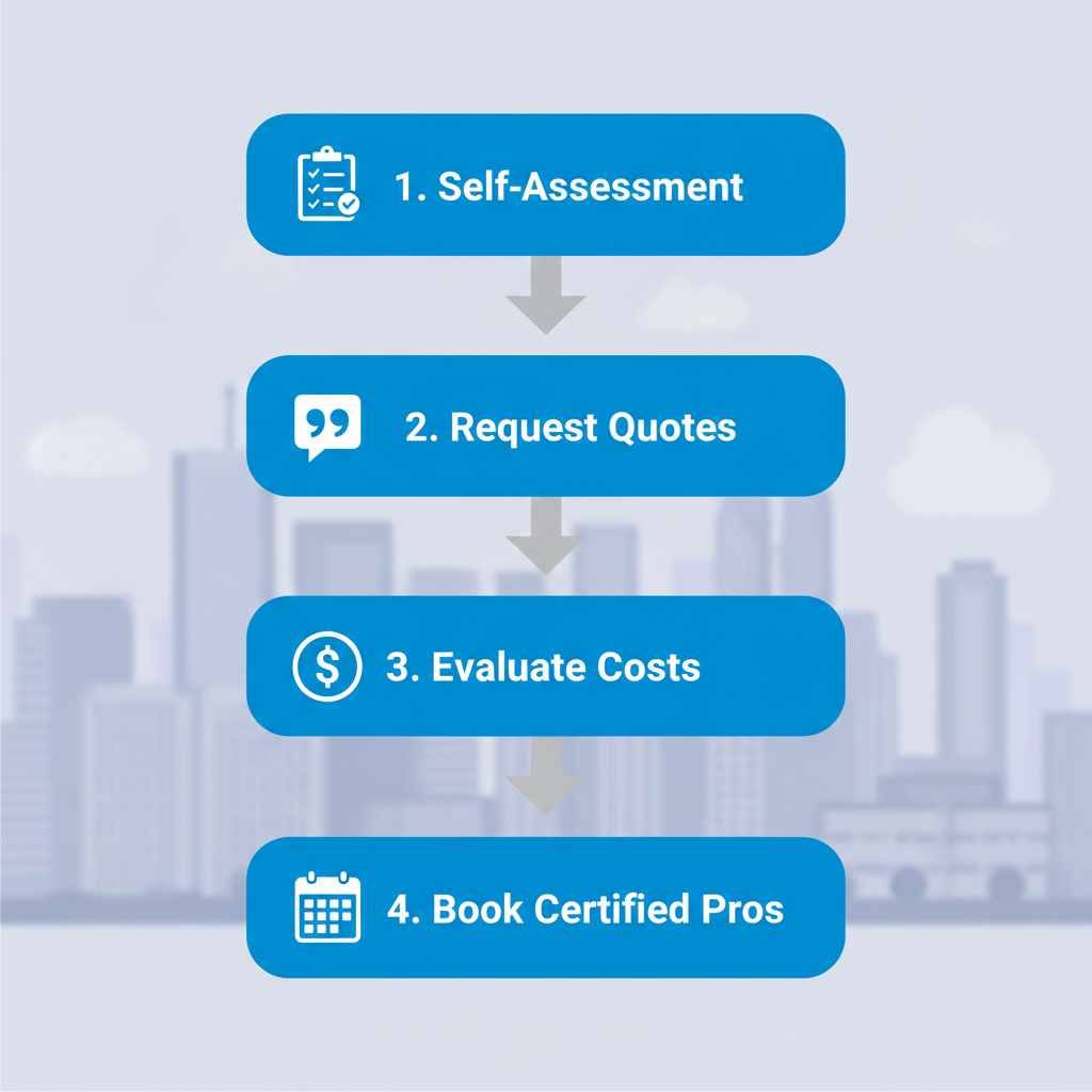 Vertical process flow illustrating four steps to schedule duct cleaning in Toronto: self-assessment checklist, request quotes, evaluate inclusions and costs, book with certified professionals.