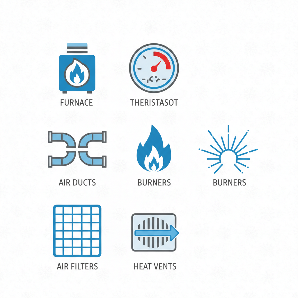 Grid of six flat icons showing heating system parts: furnace, thermostat, ducts, burners, filters, and vents, in blue and gray with labels.