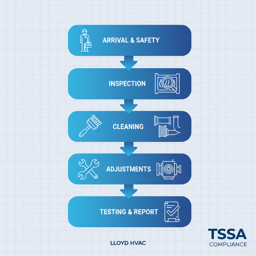 Vertical process flow diagram illustrating five stages of professional heating system maintenance: arrival and safety check, inspection, cleaning, adjustments, and testing with recommendations.