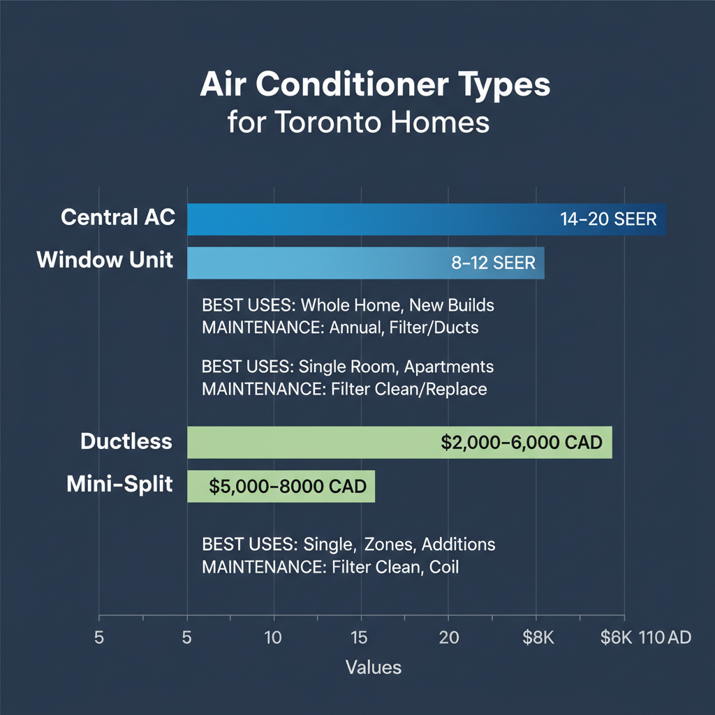 Bar chart comparing Central AC, Window Unit, and Ductless Mini-Split air conditioners by SEER efficiency and installation costs for Toronto homes
