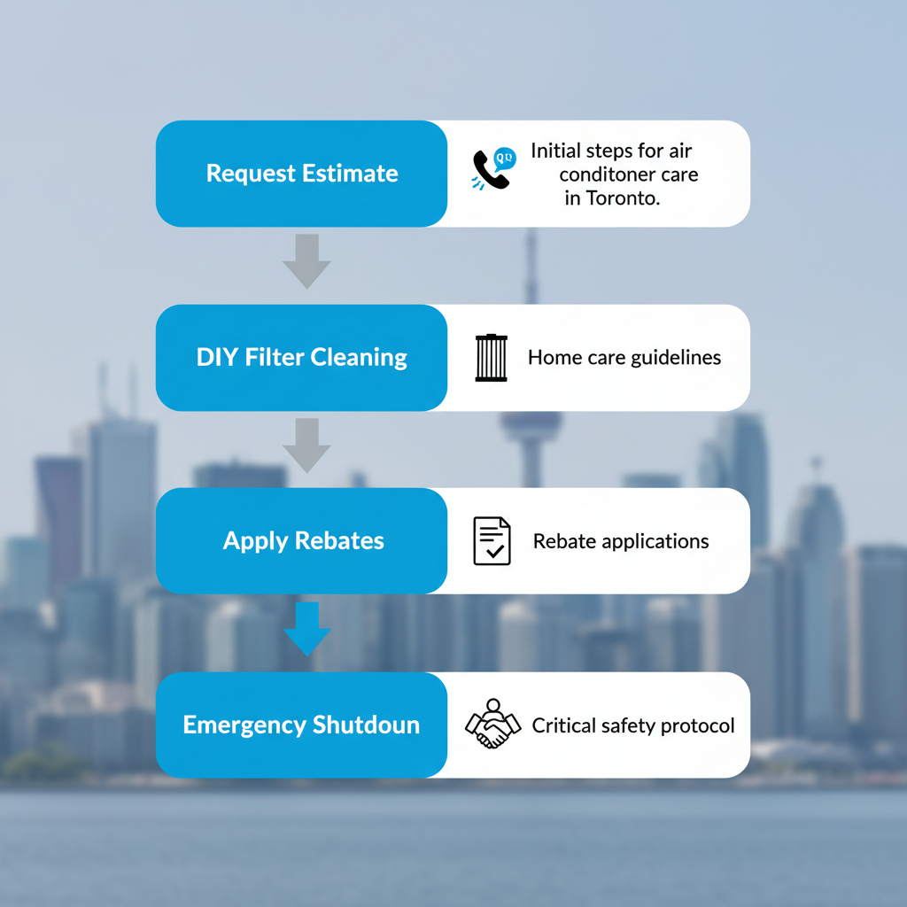 Vertical process flow illustrating five key steps for starting air conditioner care in Toronto