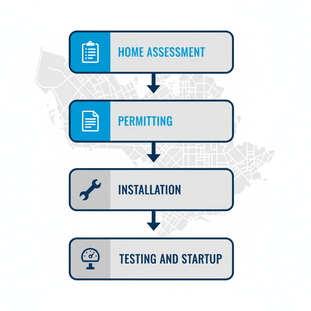 Vertical process flow diagram showing four steps of air conditioner installation in Toronto: home assessment, permitting, installation, and testing with icons and labels.