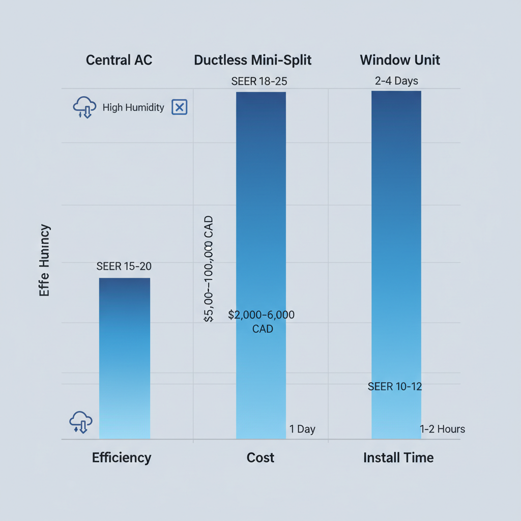 Bar chart comparing efficiency, cost, and installation time of central AC, ductless mini-split, and window units for Toronto's humid climate