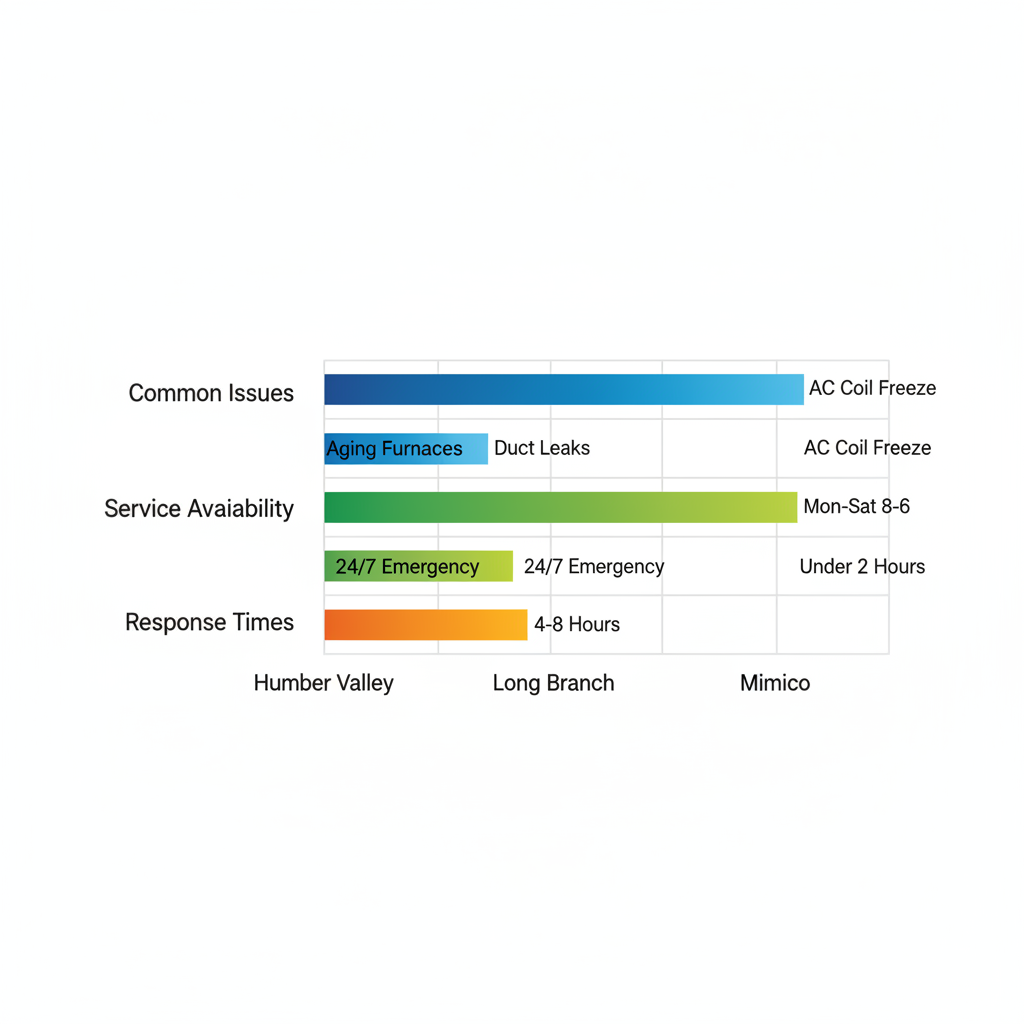 Horizontal bar chart comparing HVAC service aspects including issues, availability, and response times across Humber Valley, Long Branch, and Mimico neighborhoods in Etobicoke