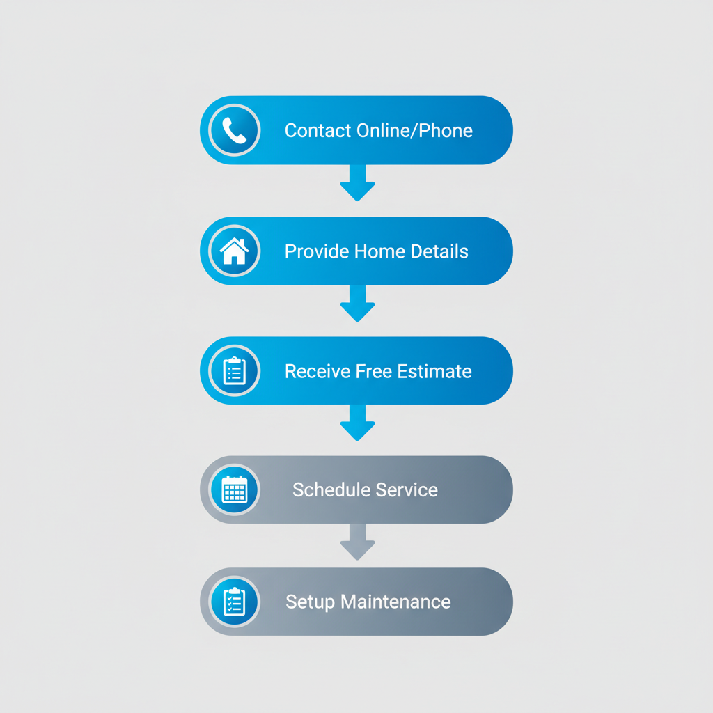 Vertical process flow diagram illustrating five steps to initiate HVAC services in Etobicoke with icons for contact, details, estimate, scheduling, and maintenance.