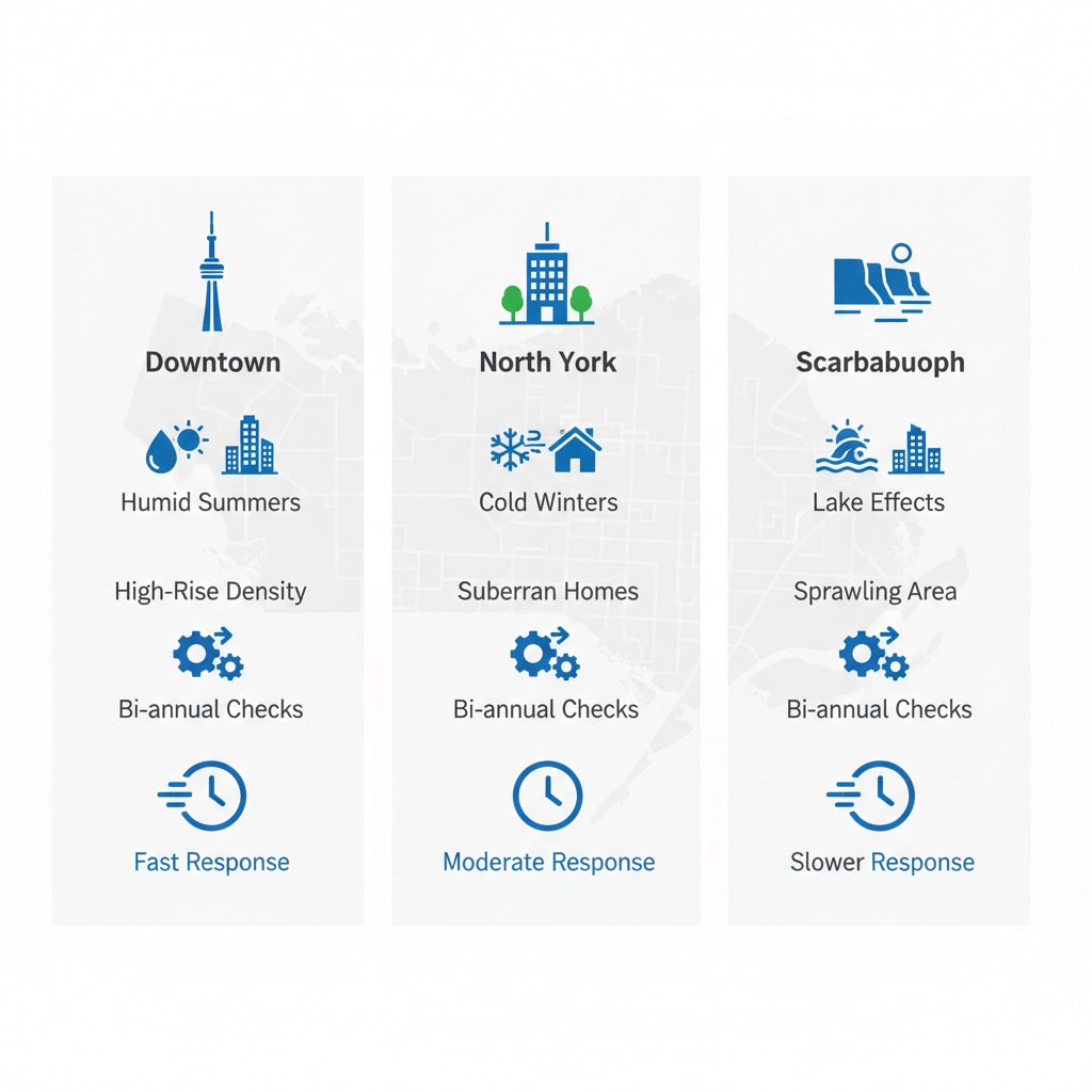 Infographic illustrating HVAC service comparisons and climate challenges in Downtown Toronto, North York, and Scarborough neighborhoods.