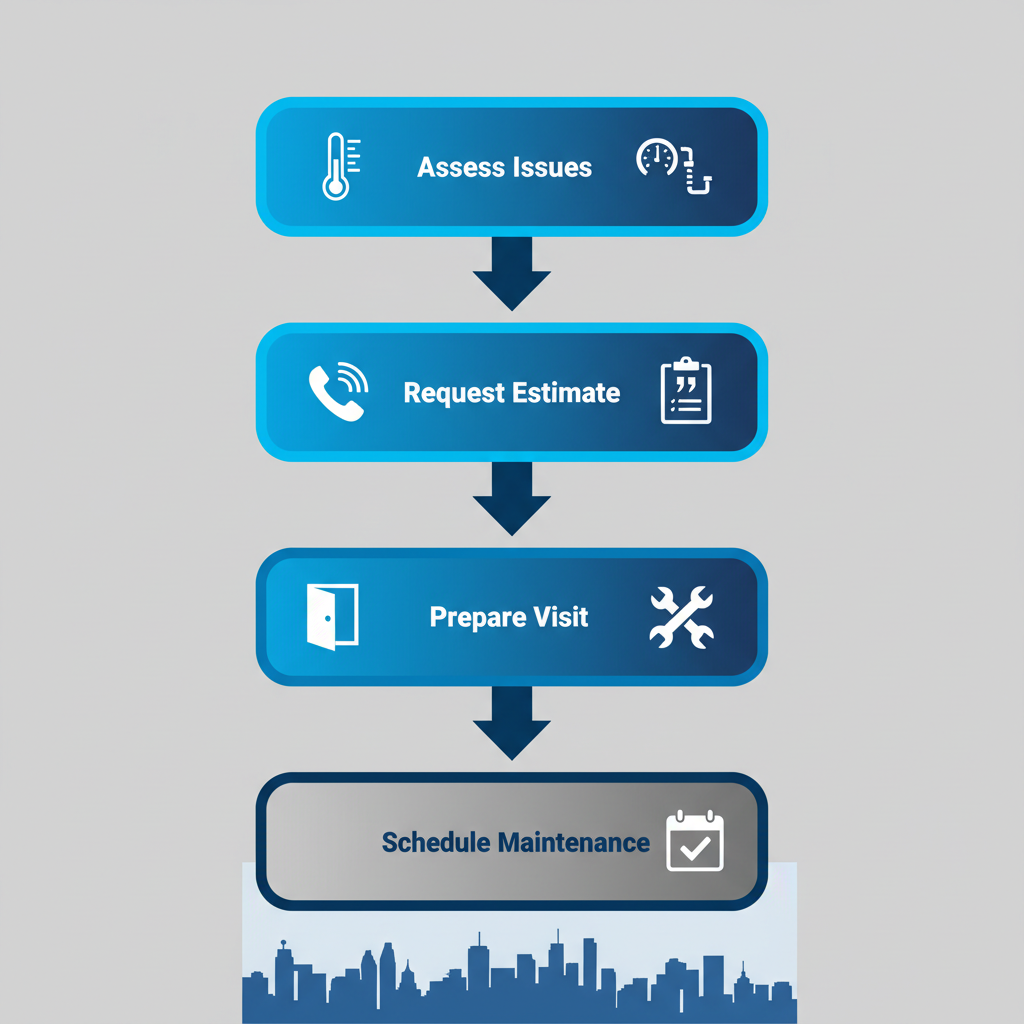 Vertical process flow diagram showing four steps to start HVAC services in Toronto with icons and blue gradients