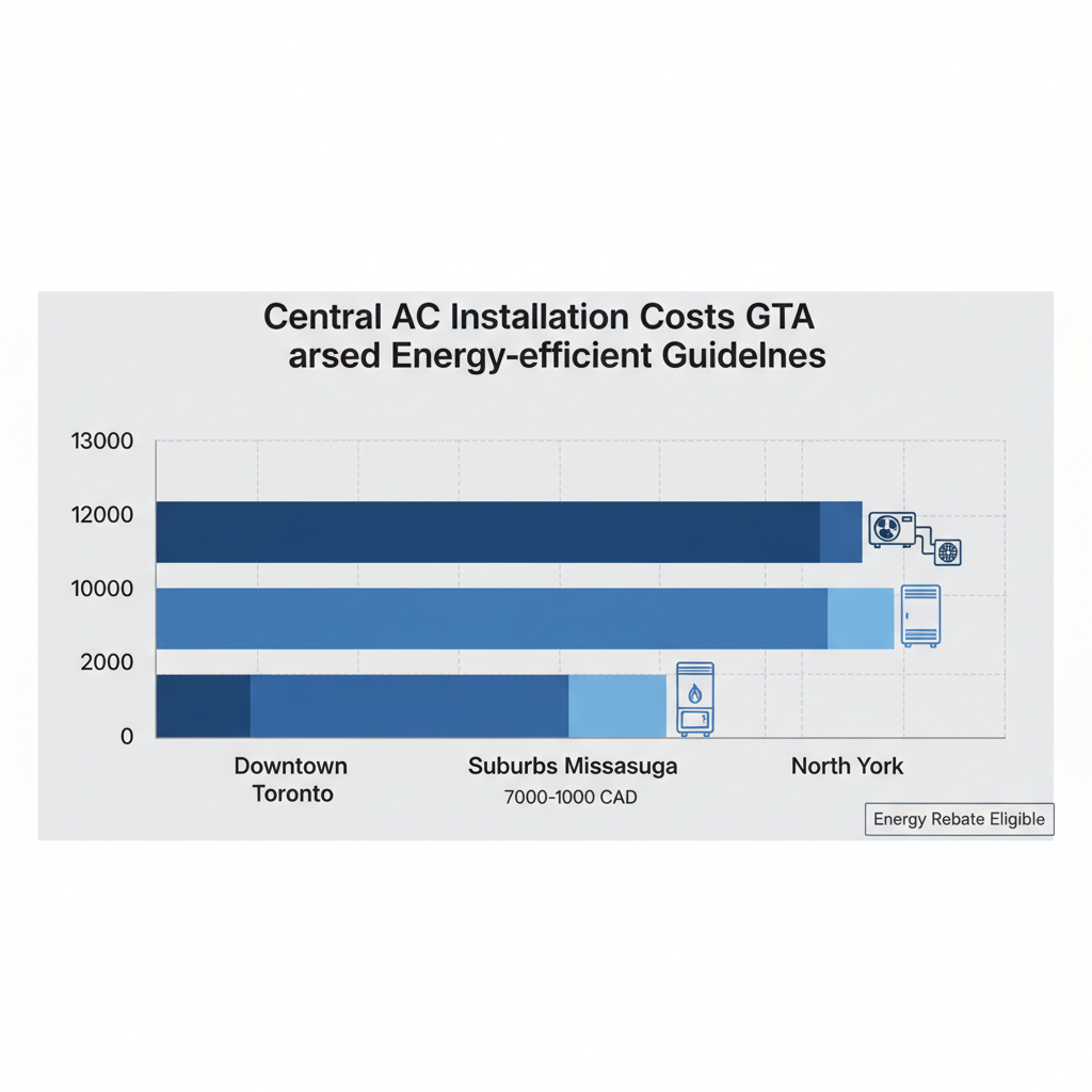 Bar chart comparing central air conditioning installation costs in GTA areas: Downtown Toronto, Suburbs, and North York.