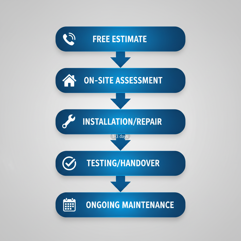 Vertical process flow diagram showing five stages of central AC services in the GTA: free estimate, on-site assessment, installation or repair, testing and handover, ongoing maintenance with icons and timeline notes.