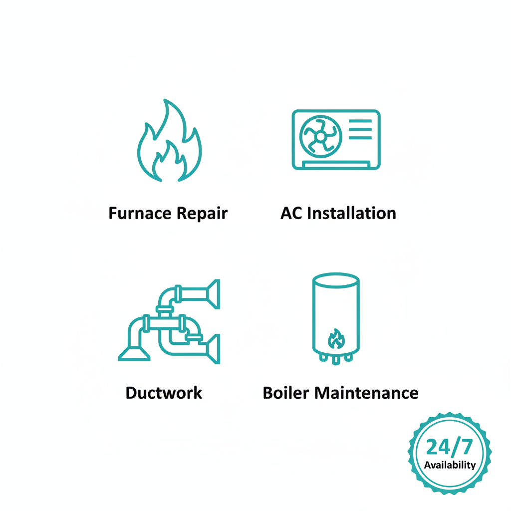 Grid of four HVAC service icons: furnace repair flame, AC installation unit, ductwork pipes, and boiler tank with labels.