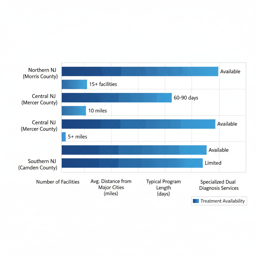 Horizontal bar chart comparing addiction treatment facilities, distances, program lengths, and dual diagnosis services across Northern, Central, and Southern New Jersey regions