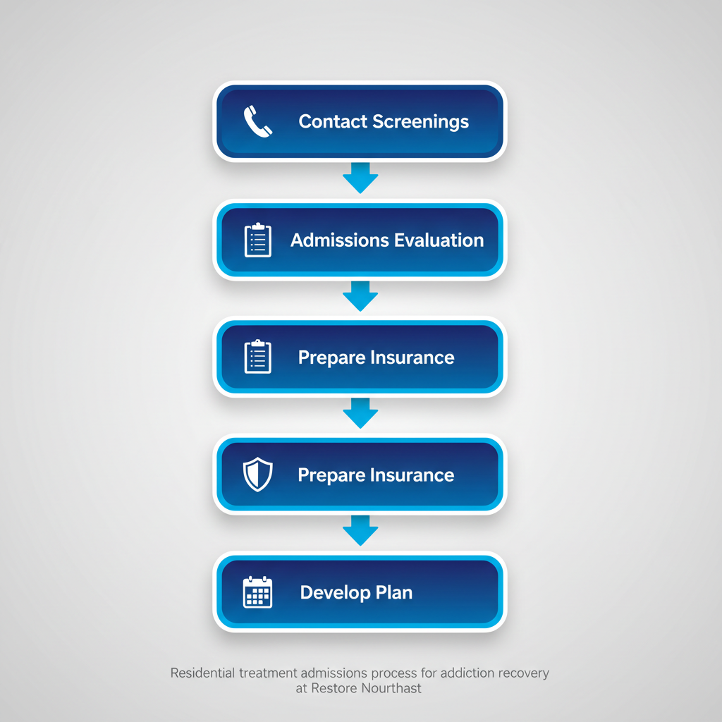 Vertical process flow diagram illustrating five steps to start residential addiction treatment: contact screenings, admissions evaluation, insurance preparation, packing essentials, and developing a long-term plan with icons.