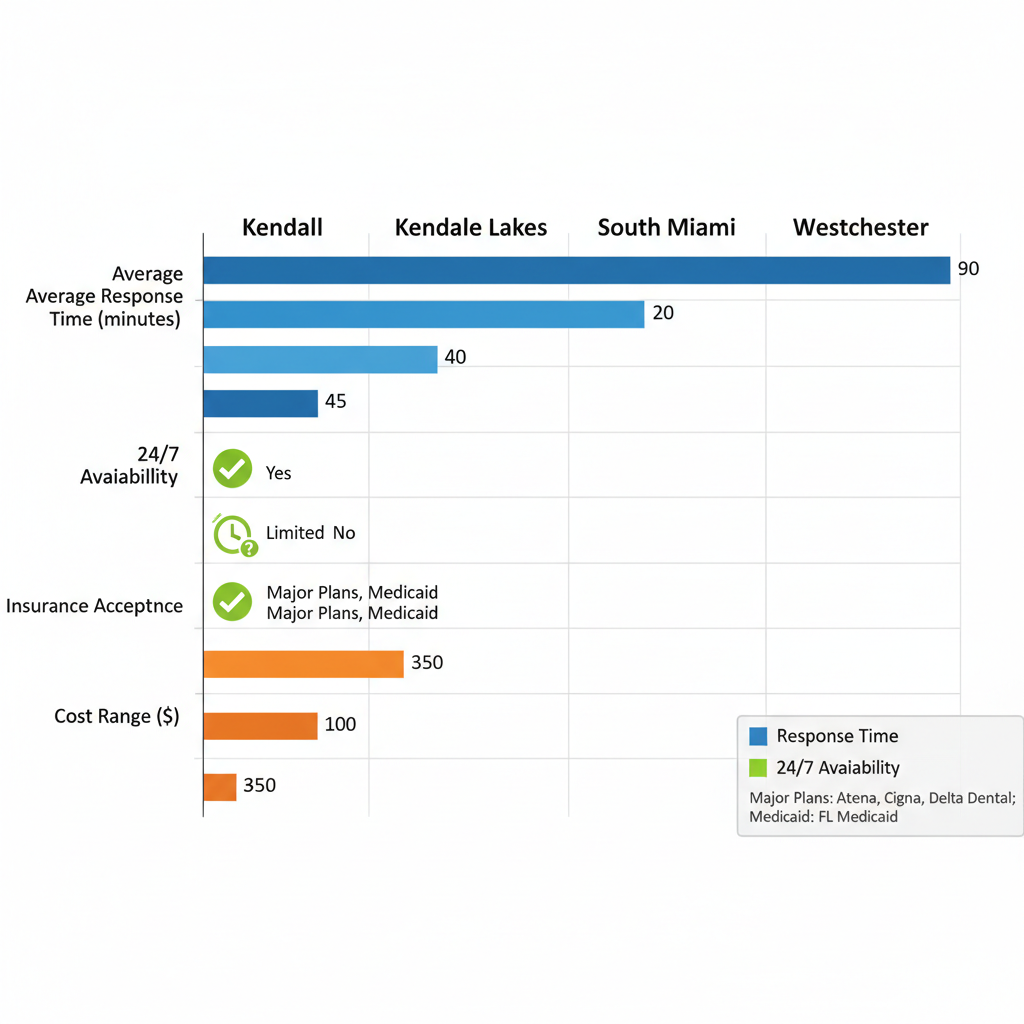Horizontal bar chart comparing emergency dental services metrics across Kendall, Kendale Lakes, South Miami, and Westchester areas including response time, availability, insurance, and costs