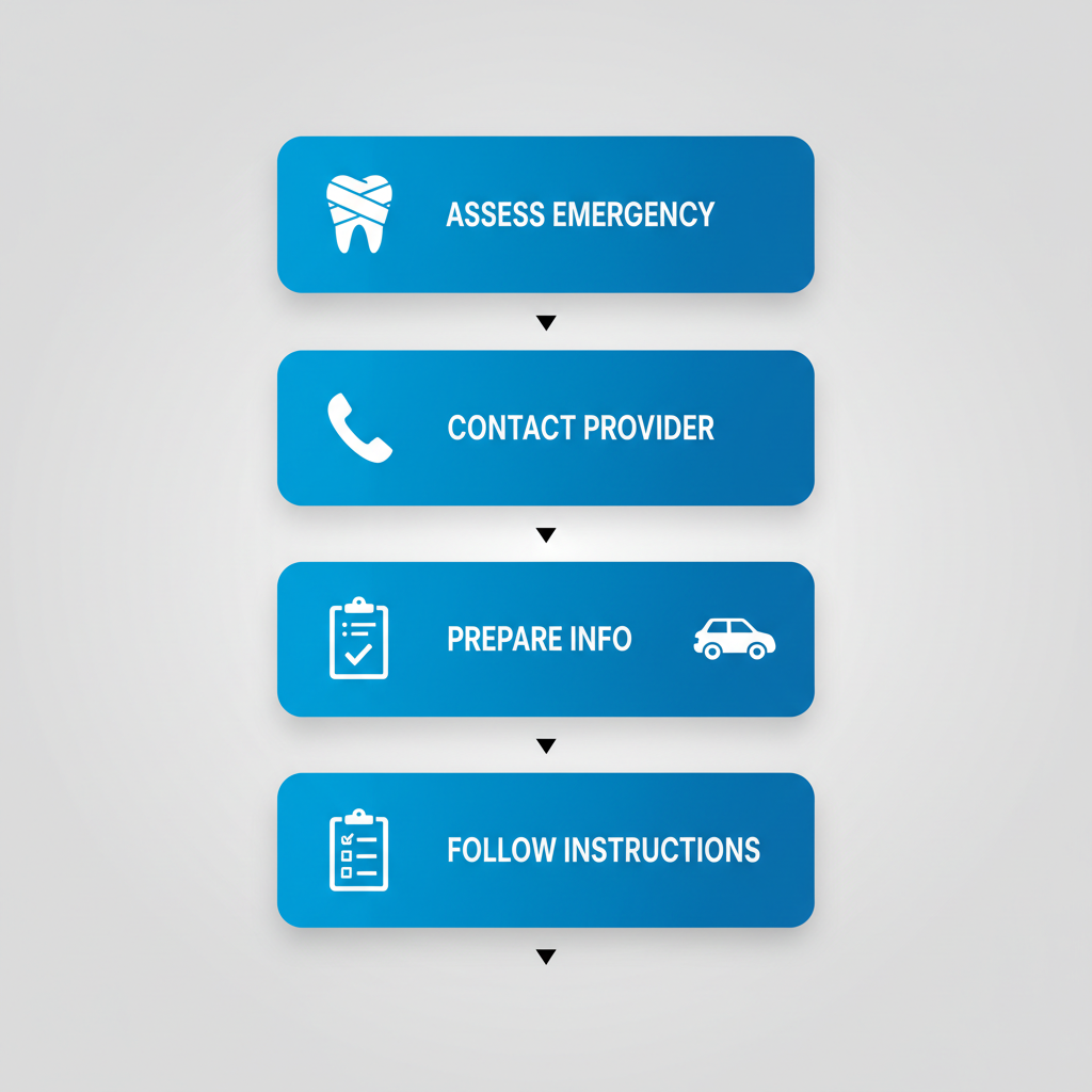 Vertical process flow diagram illustrating five steps for securing emergency dental treatment: assess emergency, contact provider, prepare information, travel to clinic, and follow post-care instructions.