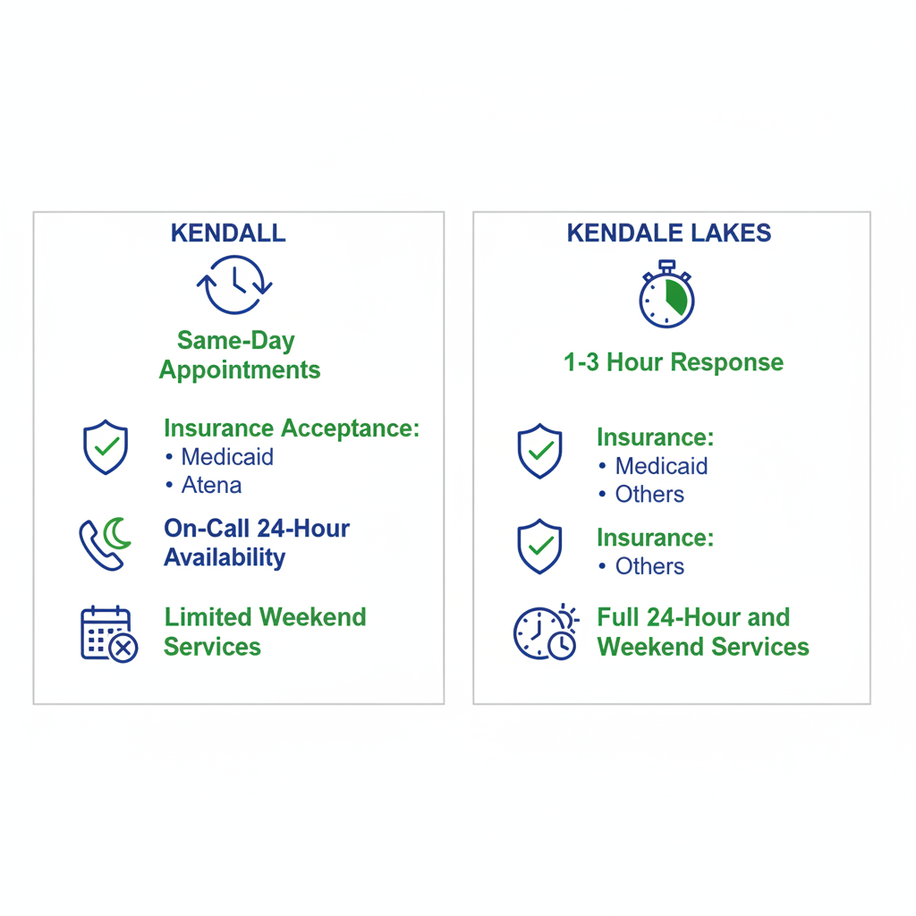Infographic comparing dental emergency services availability in Kendall and Kendale Lakes, Florida, with icons for appointments, insurance, and hours.