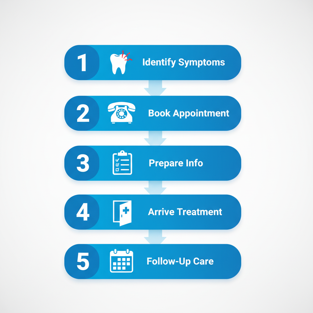 Vertical process flow diagram illustrating five steps for securing emergency dental care, featuring icons and blue arrows on a light background.