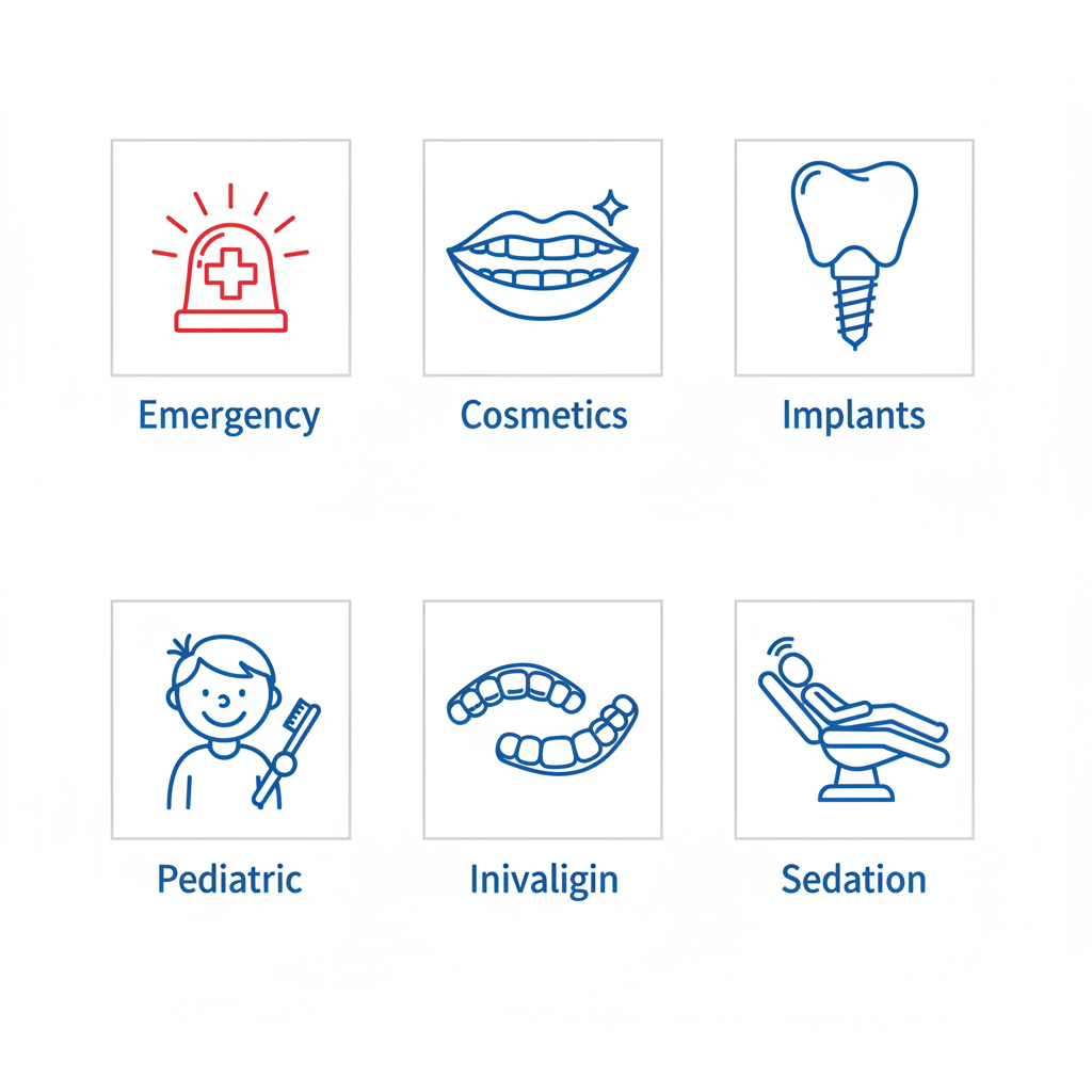 Grid of icons depicting dental services: emergency care, cosmetics, implants, pediatric, Invisalign, and sedation dentistry.