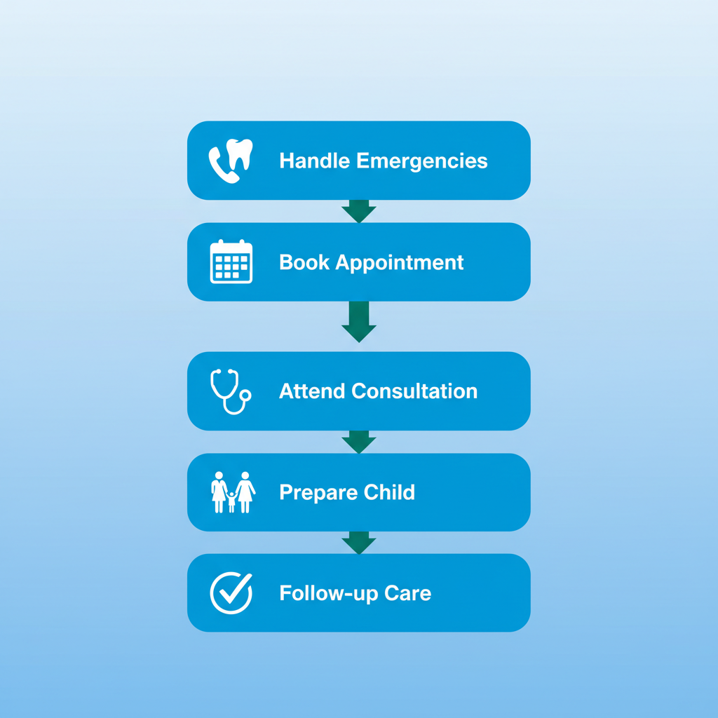 Vertical process flow diagram illustrating five steps to begin dental care: handle emergencies, book appointment, attend consultation, prepare child, and follow-up care with icons.