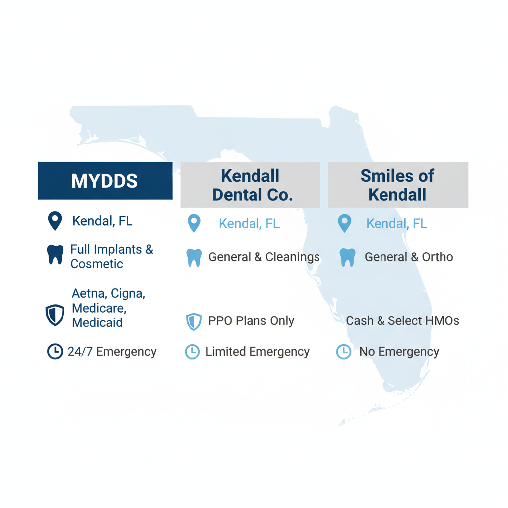 Infographic comparing key features of MYDDS dental office with competitors in Kendall, Florida, highlighting services, insurance, and emergency care.