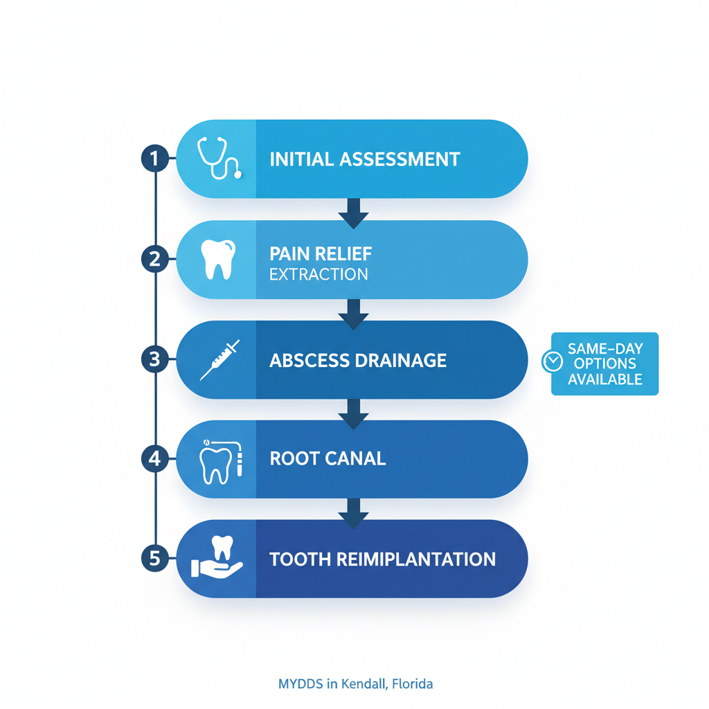 Vertical process flow diagram of five emergency dental procedure stages with icons and same-day notes