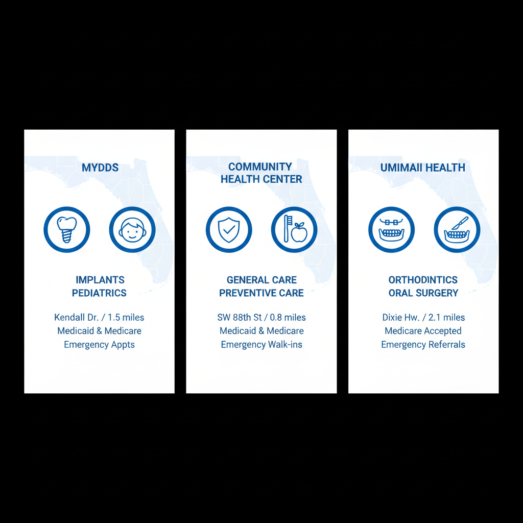 Infographic comparing dental clinics in Kendall, Florida: MYDDS comprehensive services, Community Health preventive care, UMiami Health specialized treatments with insurance and emergency details.