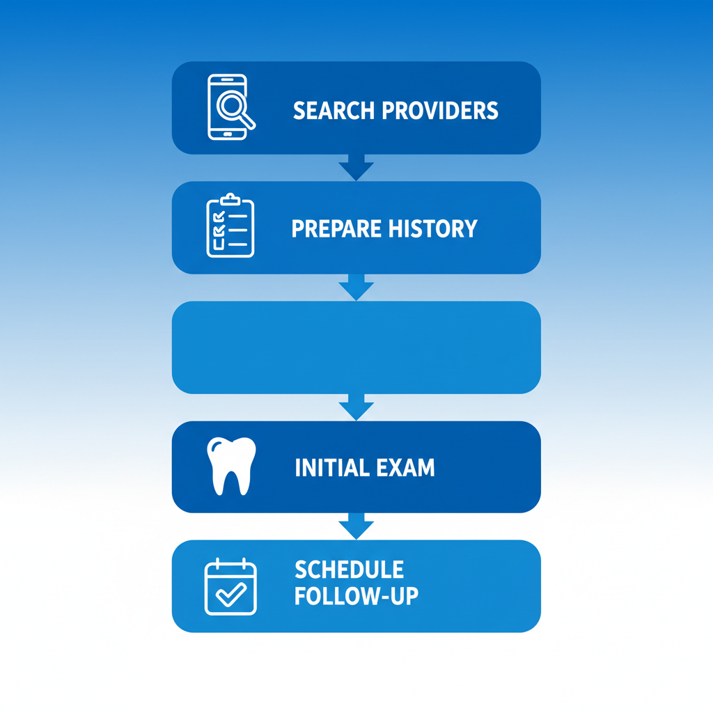 Vertical process flow illustrating the steps to start dental care in Kendall, Florida with icons for each stage