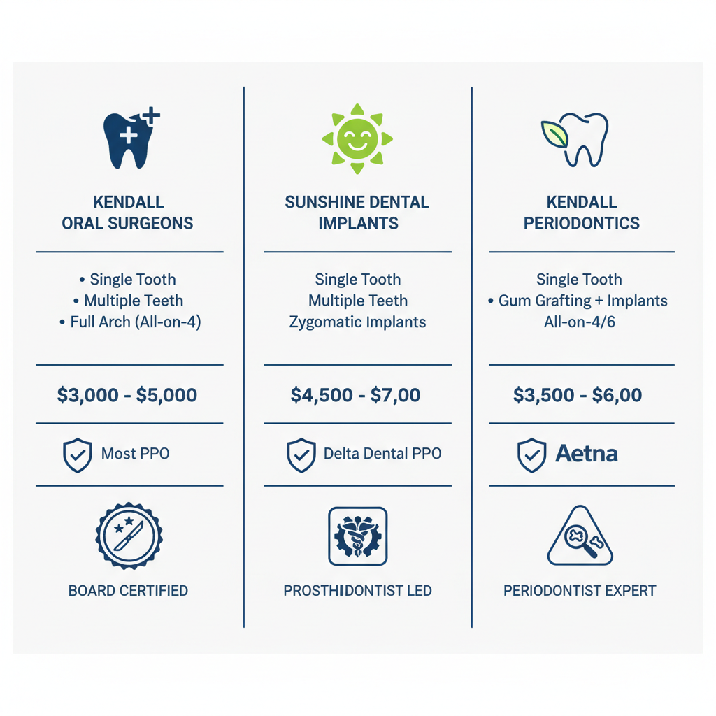 Infographic comparing dental implant practices in Kendall, Florida, showing services, costs, insurance, and qualifications across three providers