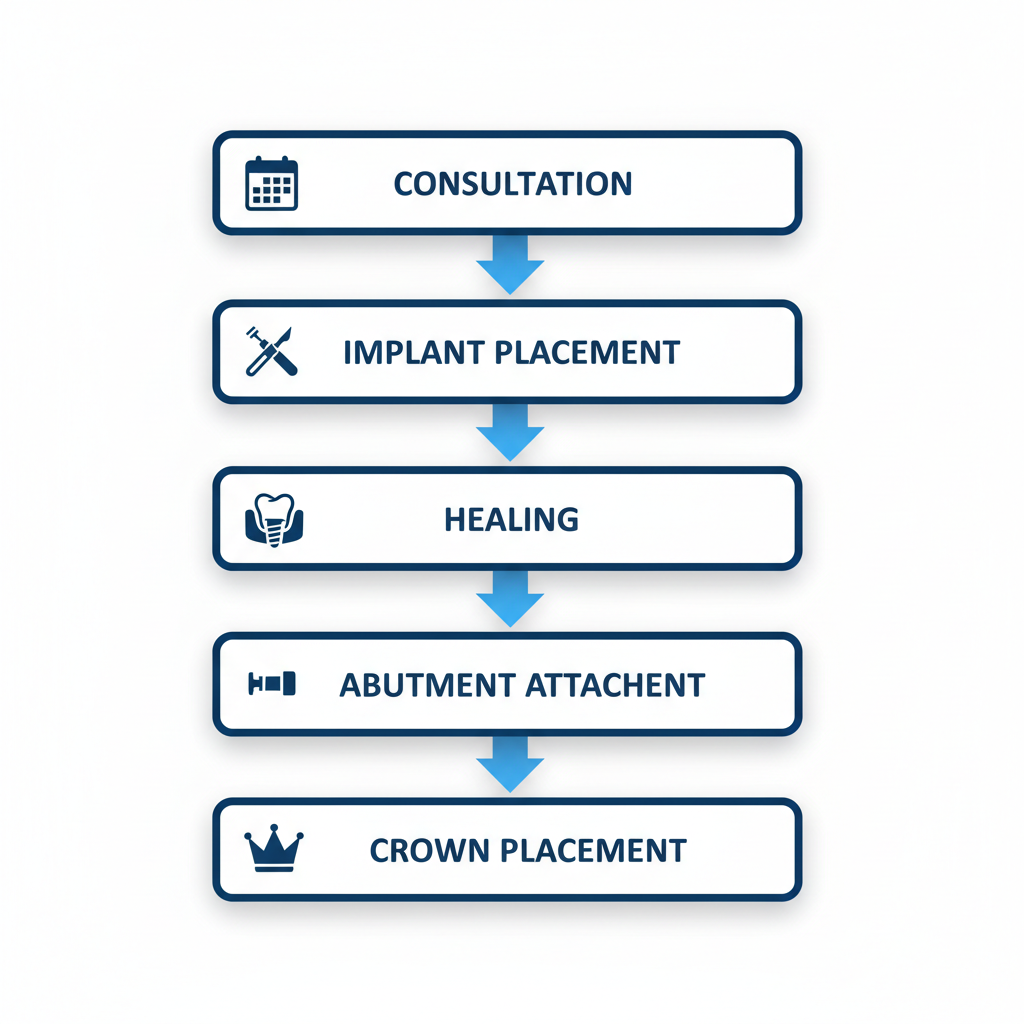 Vertical process flow diagram illustrating the five stages of dental implant procedure with icons and minimal labels.