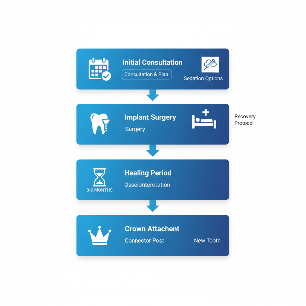 Vertical diagram of five stages in dental implant procedure: consultation, surgery, healing with sedation, abutment placement, and crown attachment in Kendall, Florida.
