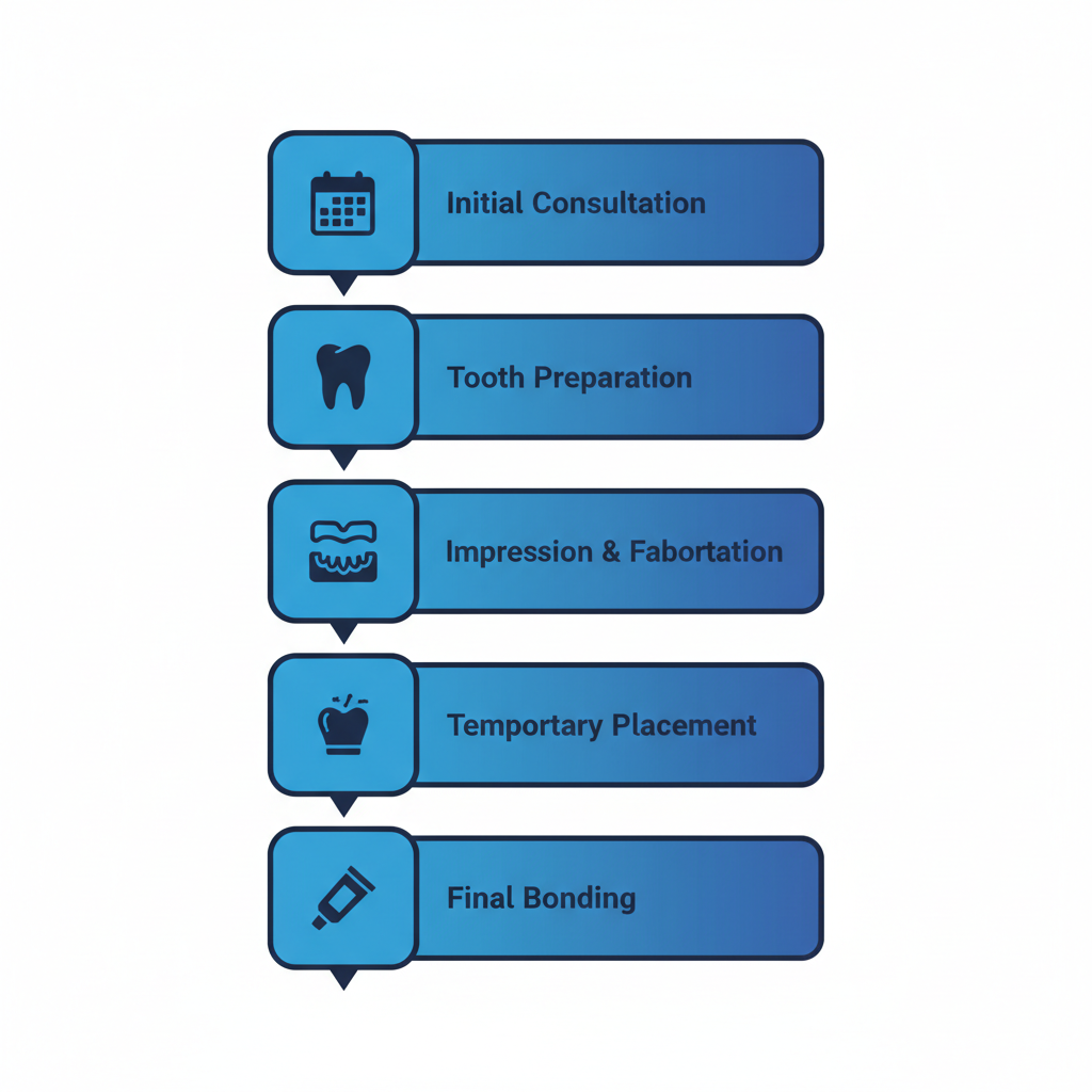 Vertical process flow diagram illustrating the five steps of dental veneer treatment with icons and labels